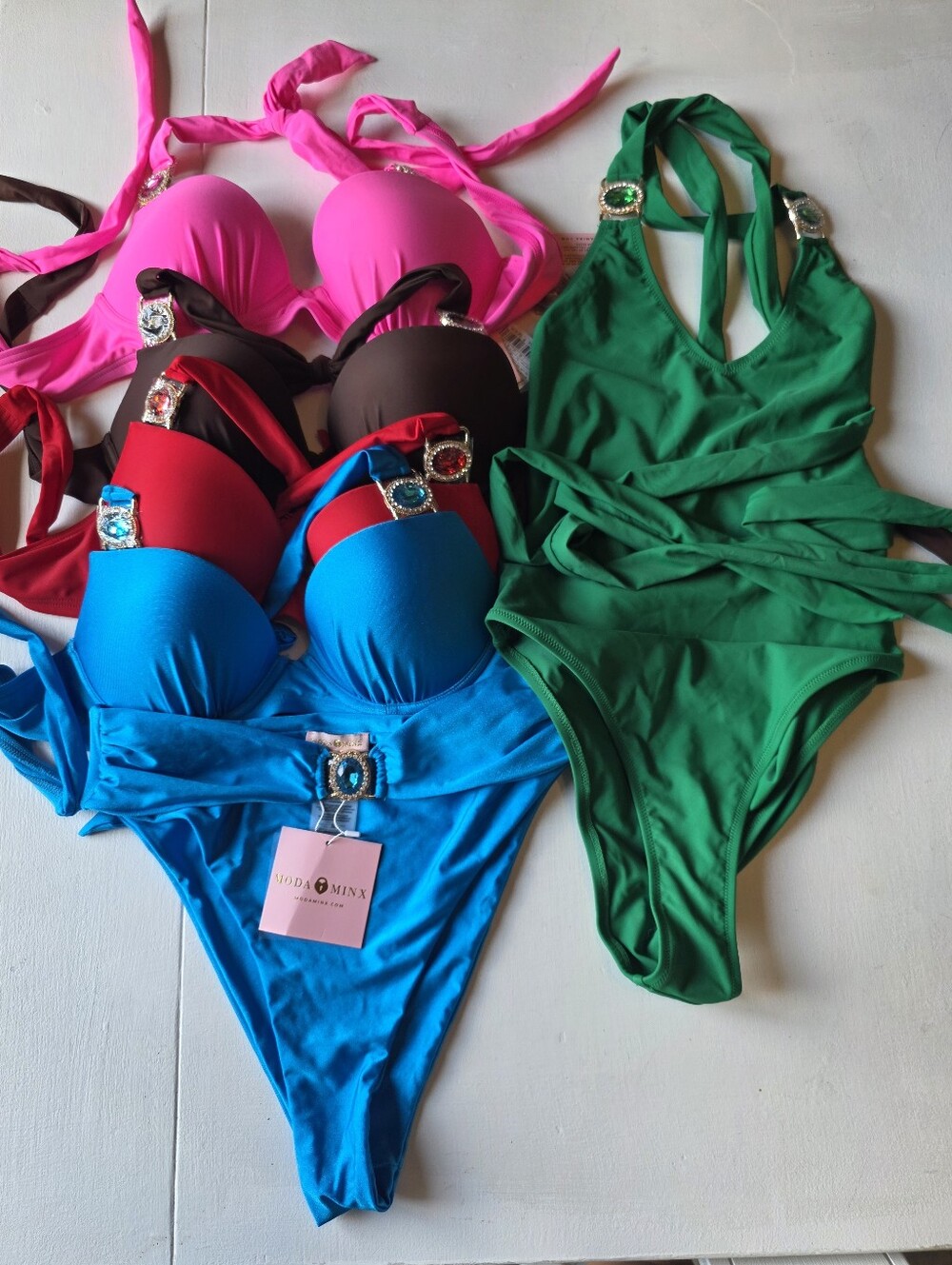 Moda MINX BUNDLE- Bikini Tops (4), 1 Bottom & 1 Green Wrap One-Piece